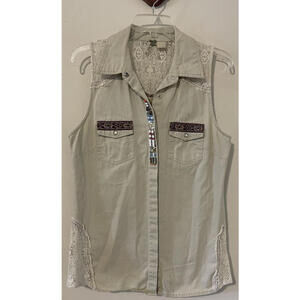 BKE Womens Medium Beige Tunic-Style Button-Up Sleeveless Cotton Blouse! A5236